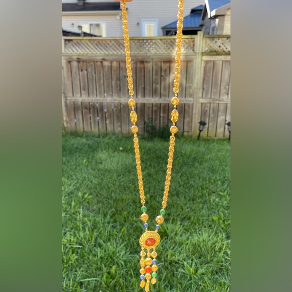 Alfred SUNG vintage gold plated long necklace with semi precious stones. - Picture 6 of 8